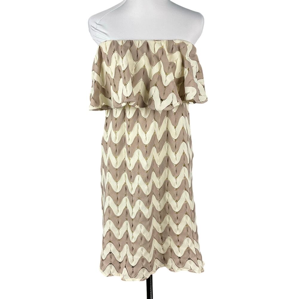 JUDITH MARCH ANTHROPOLOGIE Mini Dress Chevron Boho Crochet Lace Ivory Tan sz L